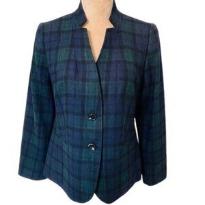 Talbots Black Watch Tartan Plaid Classic Blazer Jacket Navy Green Wool Blend 8 P